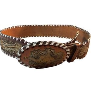 Vintage Tony Lama Western Belt & Buckle Men 34 Acorn‎ Oak Silver Whipstitch USA